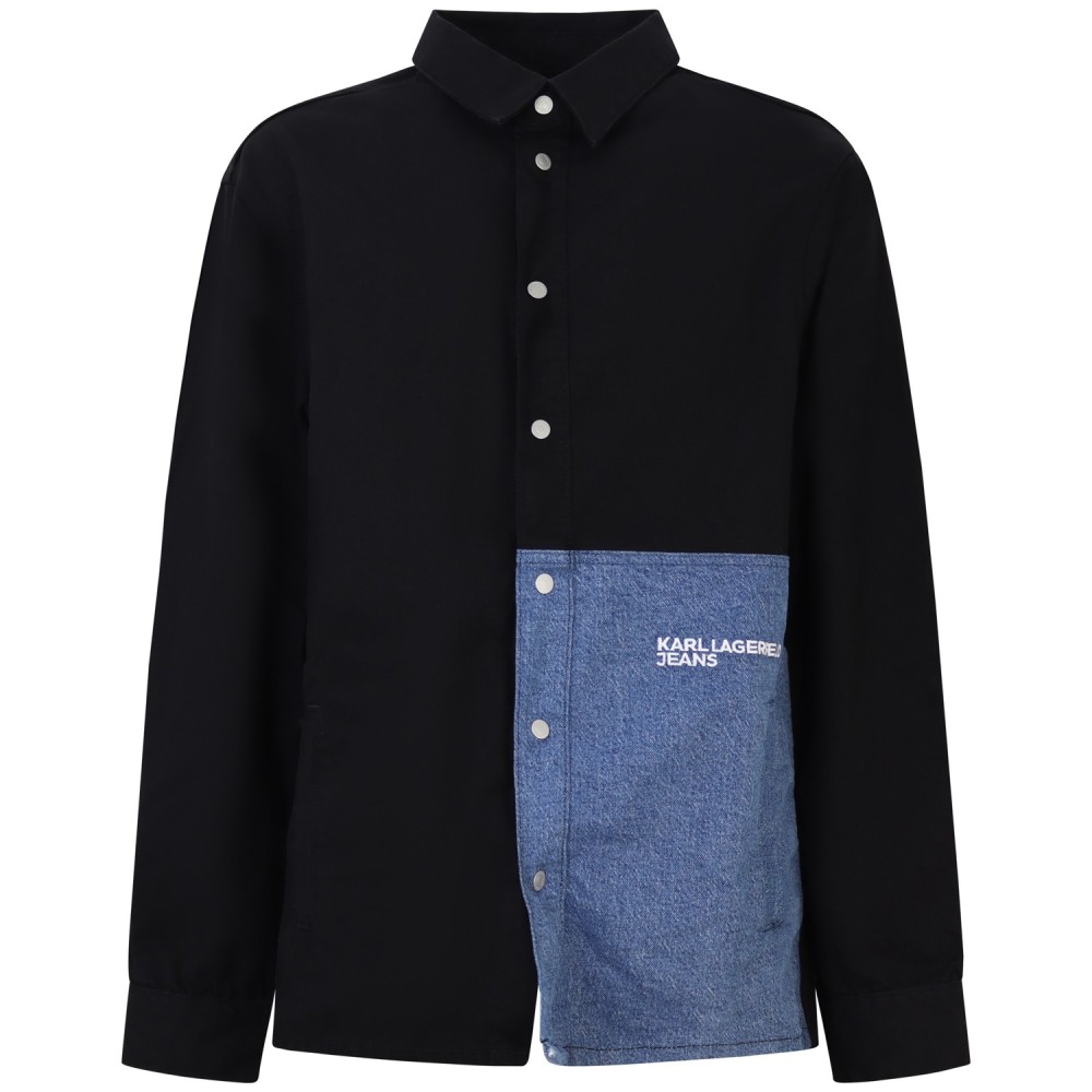 Camicia nera con patch in denim per uomo