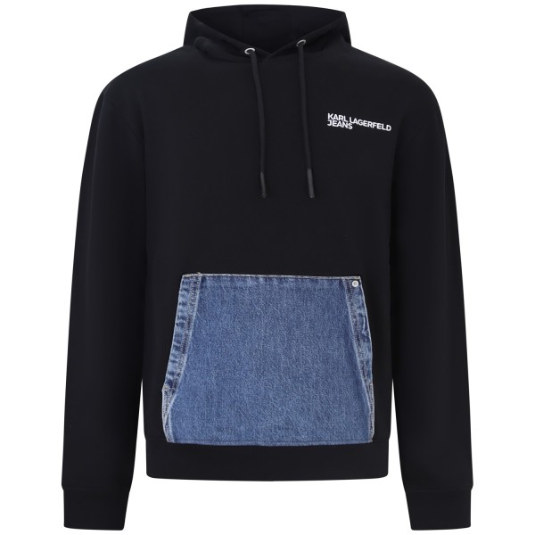 Felpa nera con patch in denim per uomo