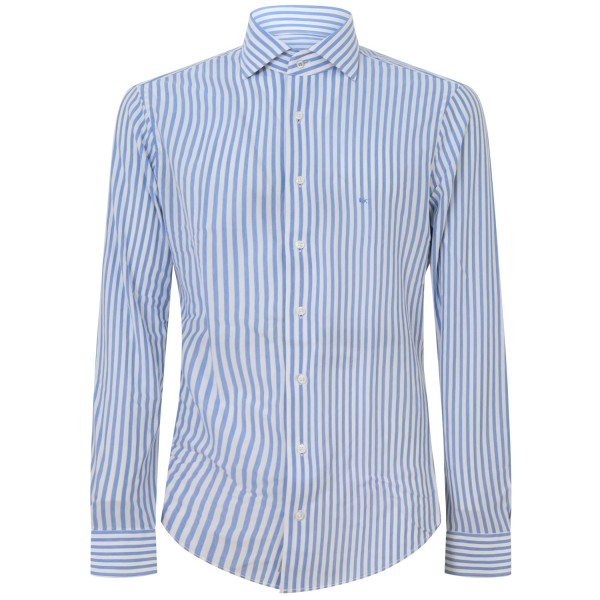 Camicia celeste a righe con mini logo per uomo