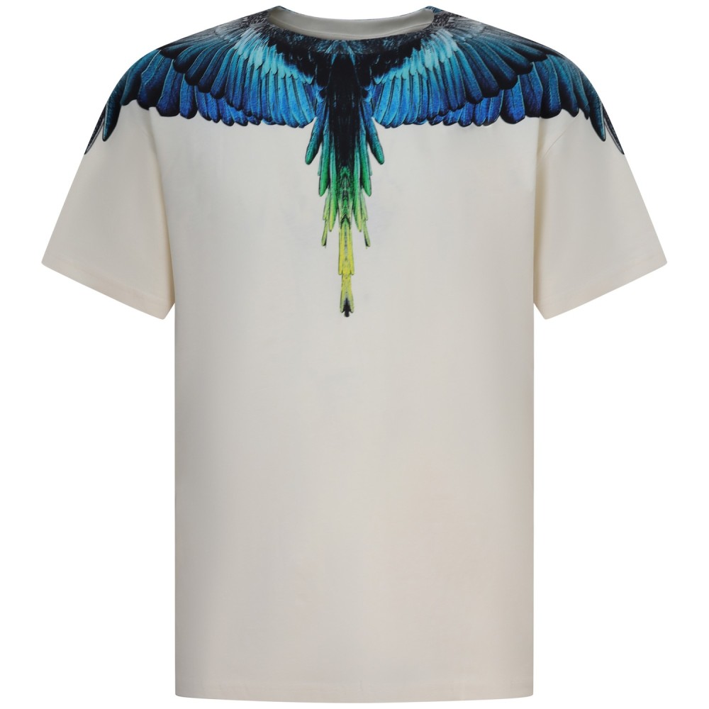 T-shirt avorio con stampa blu per uomo