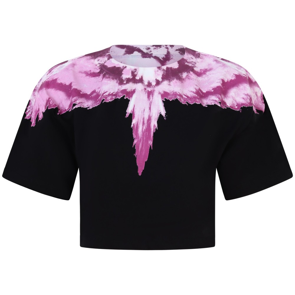 T-shirt nera con ali fucsia  per donna