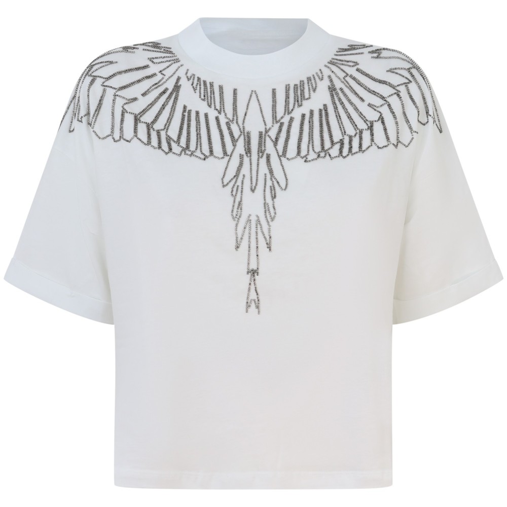 T-shirt bianca con ali argento per donna