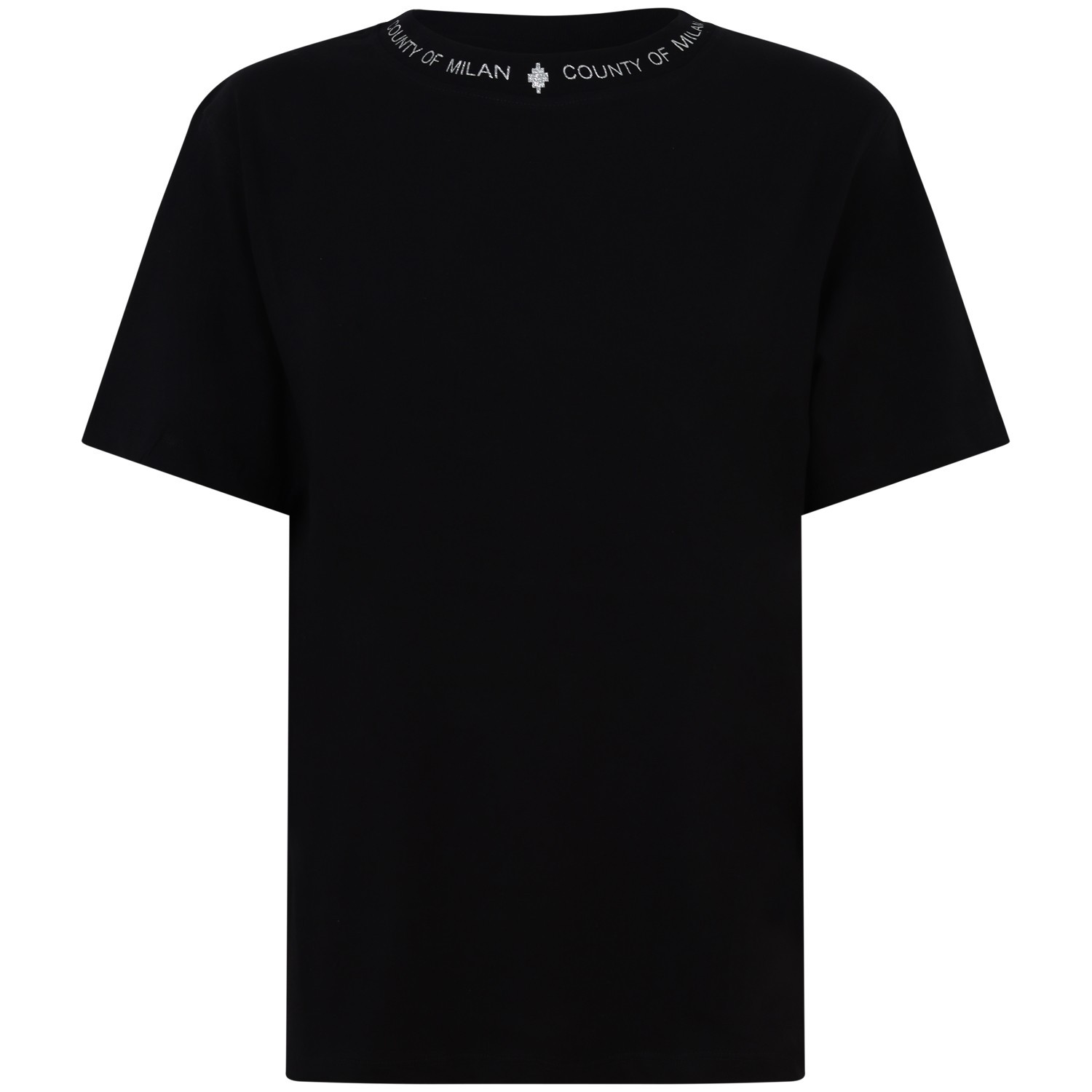 T-shirt con logo su scollo nera   per donna