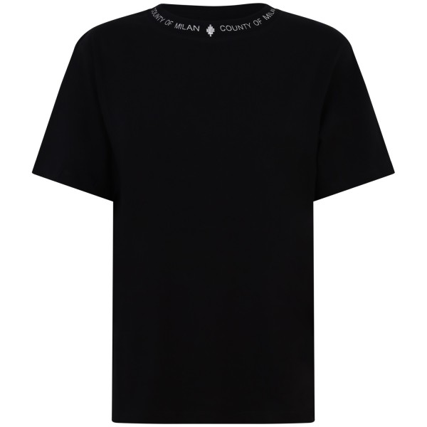 T-shirt con logo su scollo nera   per donna