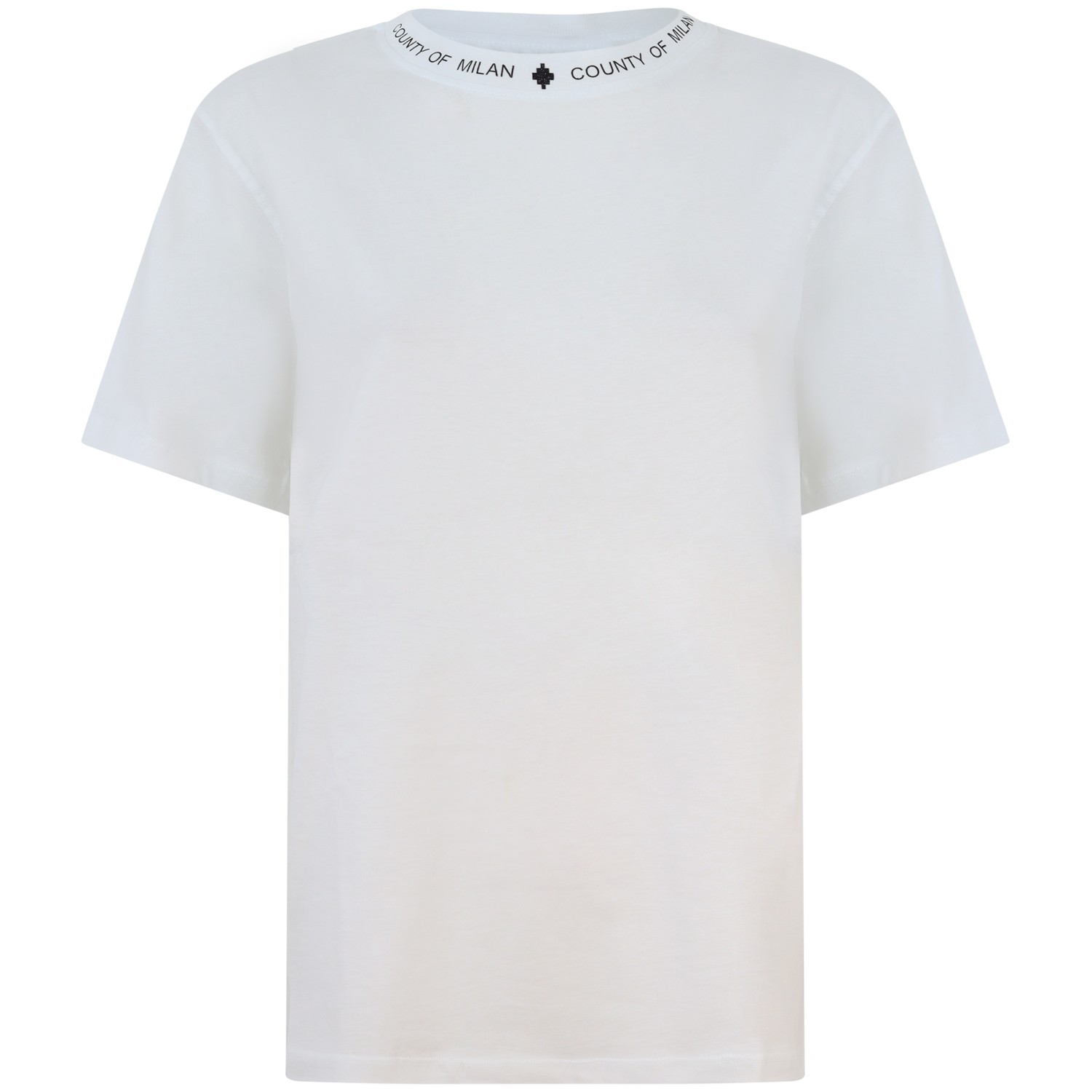 T-shirt con logo su scollo bianca   per donna