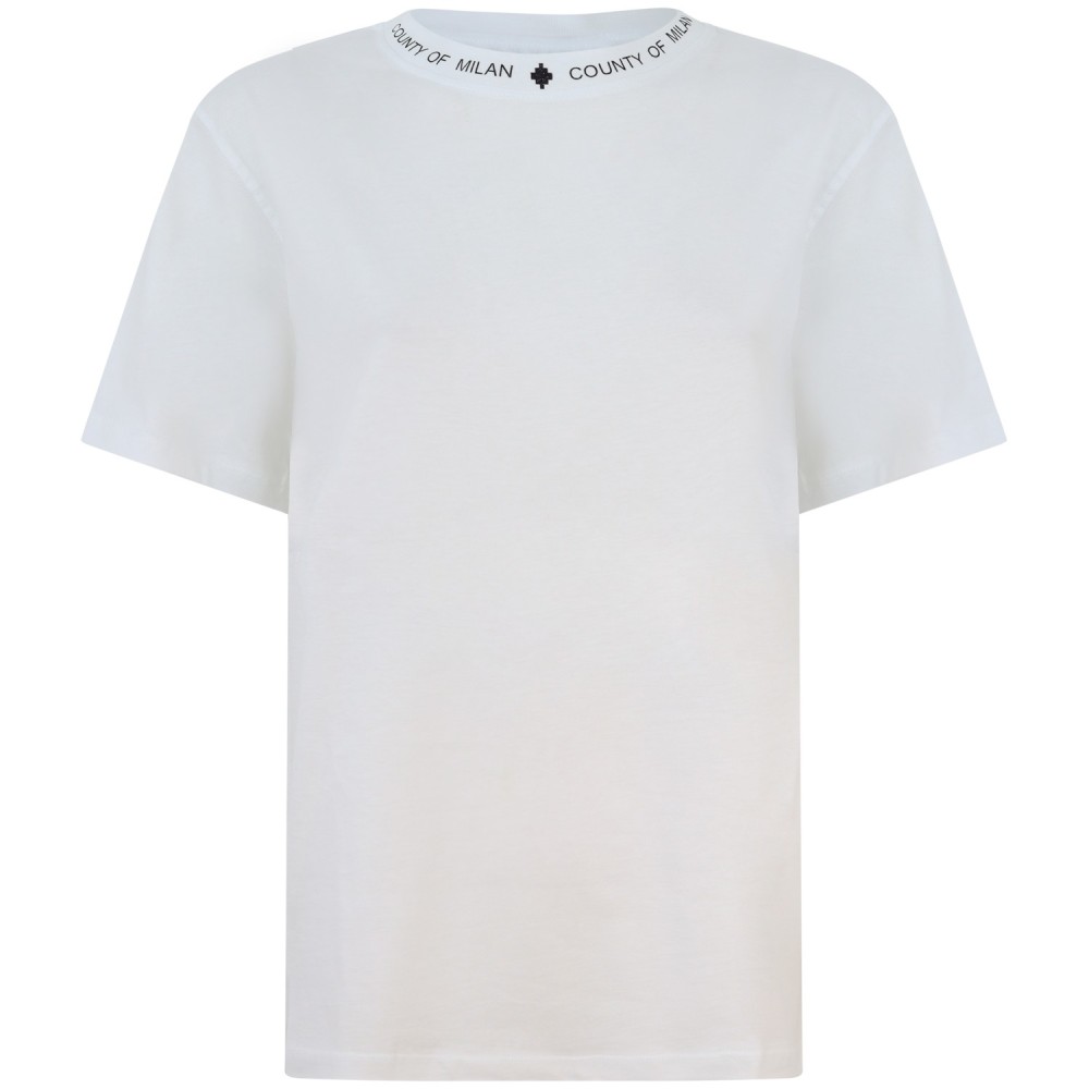 T-shirt con logo su scollo bianca   per donna