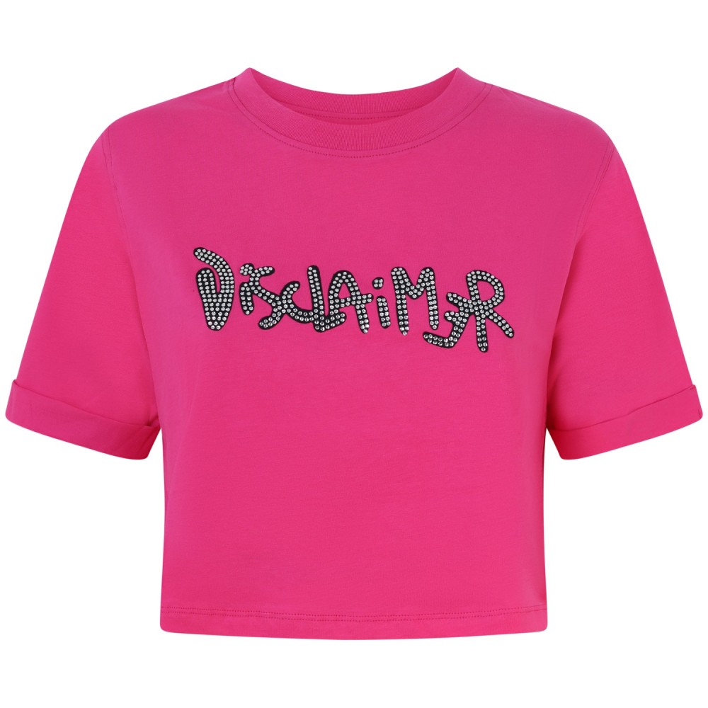 T-shirt fucsia con logo strass per donna