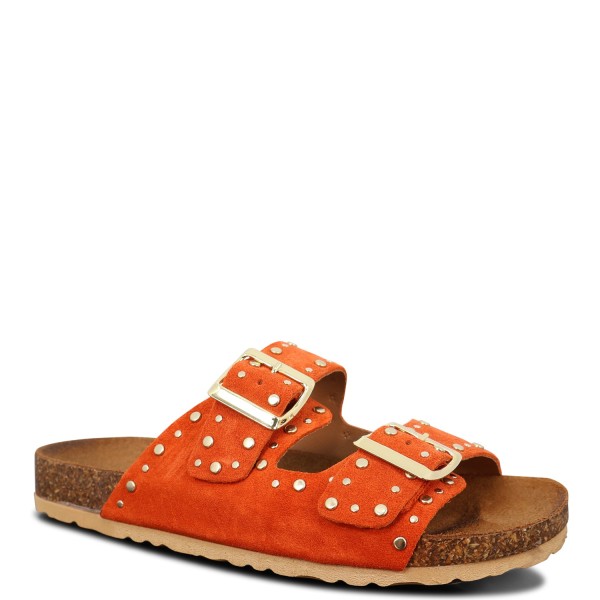 Sandalo basso arancio con borchie per donna