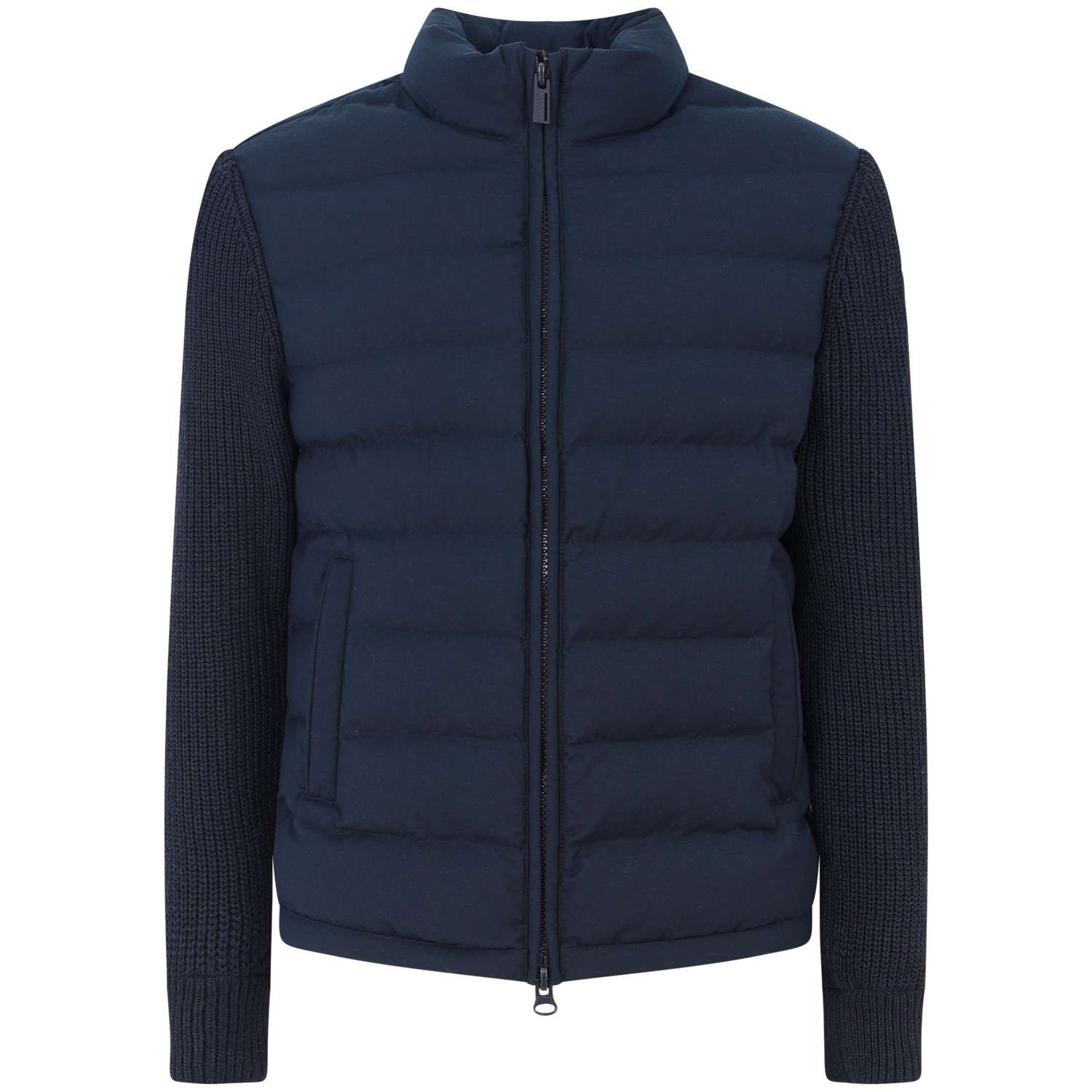 Piumino blu con maniche in maglia per uomo