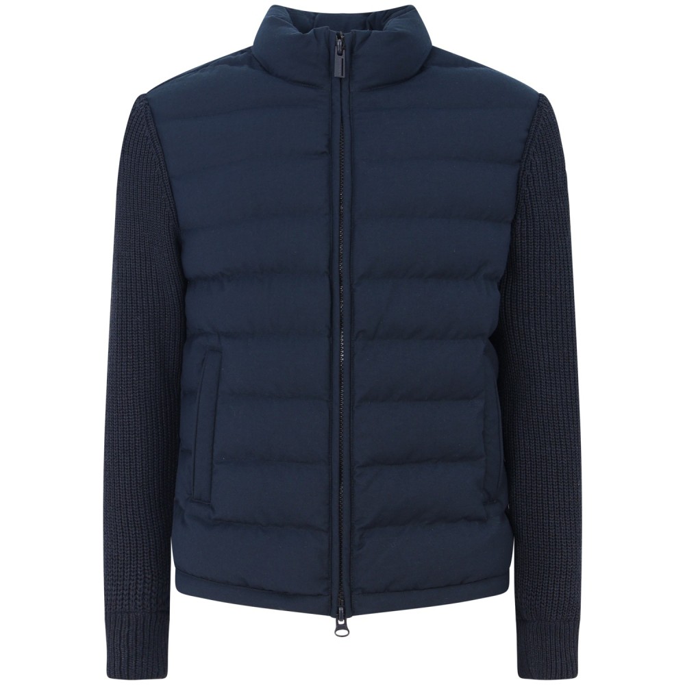 Piumino blu con maniche in maglia per uomo