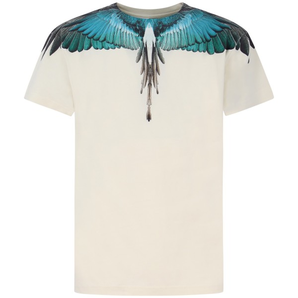 T-shirt bianca con ali  verdi/celeste per uomo