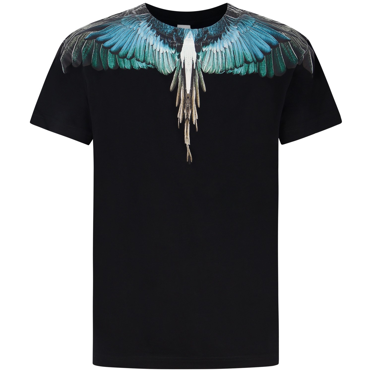 T-shirt nera con ali  verdi/celeste per uomo