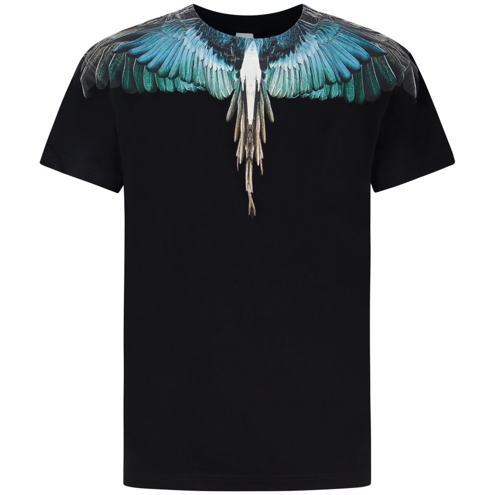 T-shirt nera con ali  verdi/celeste per uomo