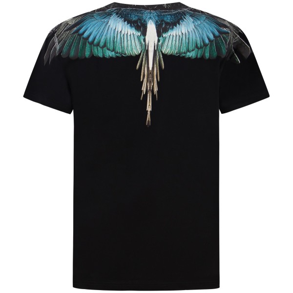 T-shirt nera con ali  verdi/celeste per uomo