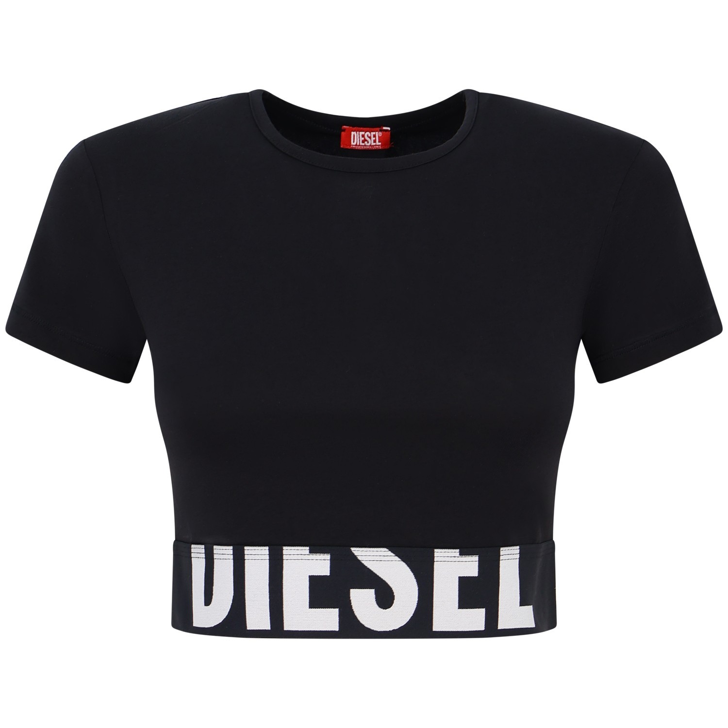 T-shirt nera crop con elastico sul fondo  per donna