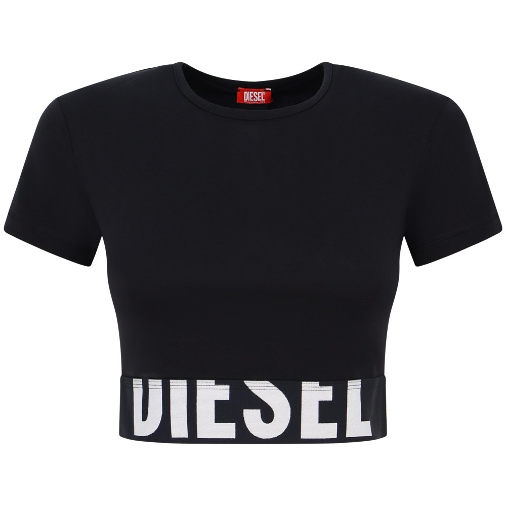 T-shirt nera crop con elastico sul fondo  per donna