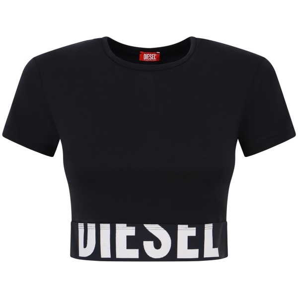 T-shirt nera crop con elastico sul fondo  per donna