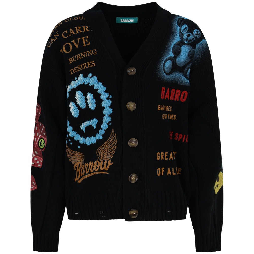 Cardigan nero con stampe all over per uomo