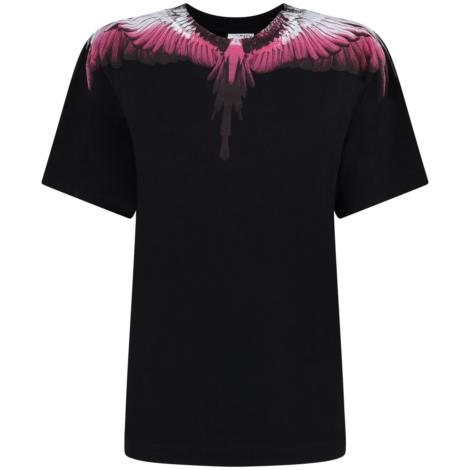 T-shirt nera con ali fuxia per donna
