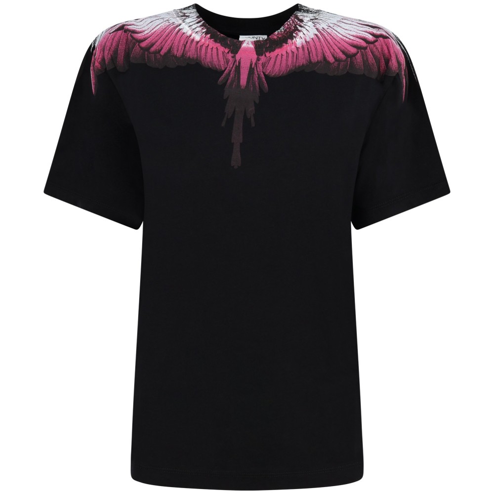 T-shirt nera con ali fuxia per donna
