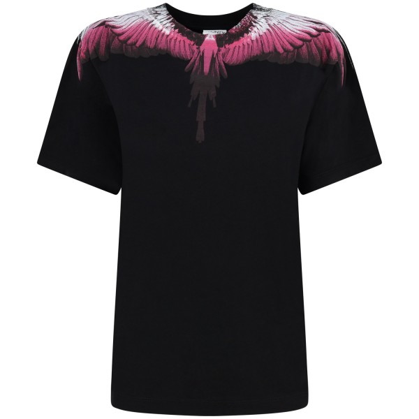 T-shirt nera con ali fuxia per donna