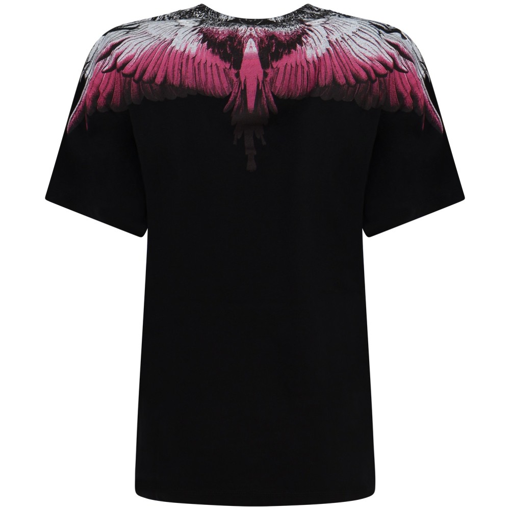 T-shirt nera con ali fuxia per donna