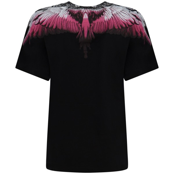 T-shirt nera con ali fuxia per donna
