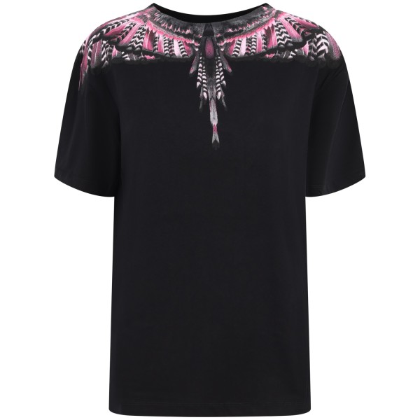 T-shirt nera con ali fuxia e nere per donna