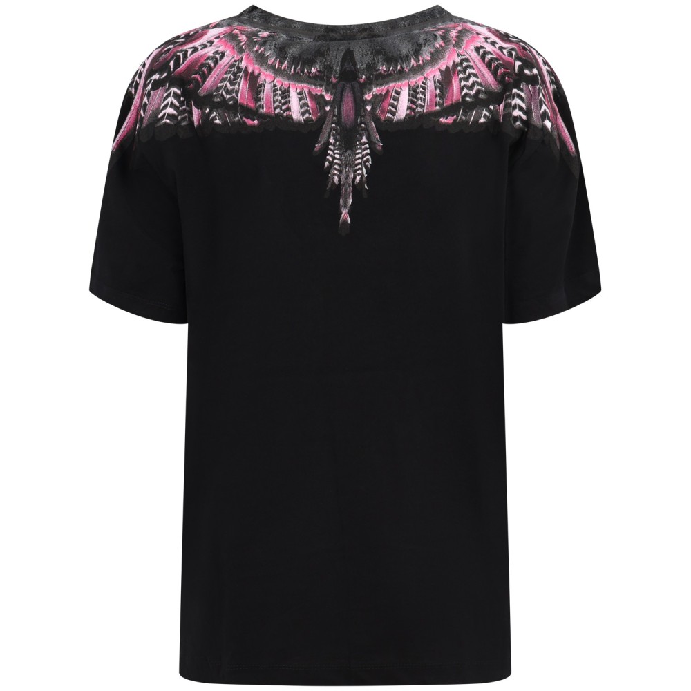 T-shirt nera con ali fuxia e nere per donna