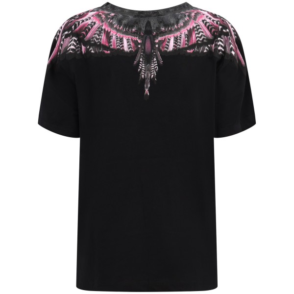 T-shirt nera con ali fuxia e nere per donna