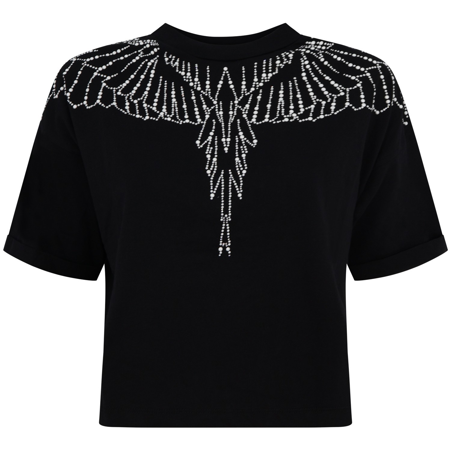 T-shirt nera con ali di perle per donna