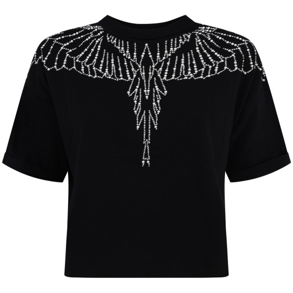 T-shirt nera con ali di perle per donna