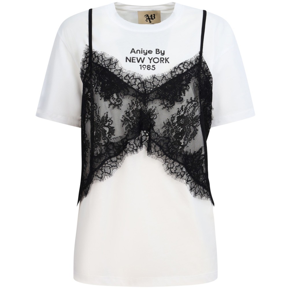 T-shirt bianca con top in pizzo nero per donna