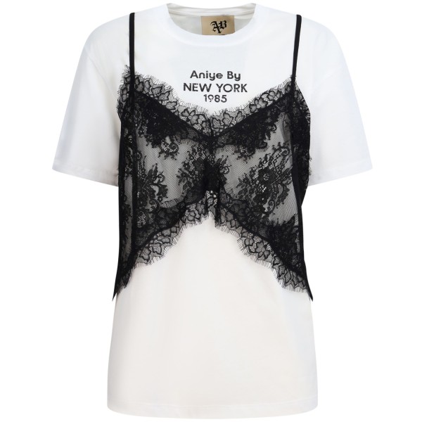 T-shirt bianca con top in pizzo nero per donna