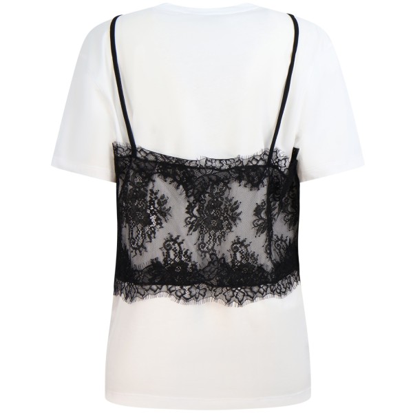 T-shirt bianca con top in pizzo nero per donna