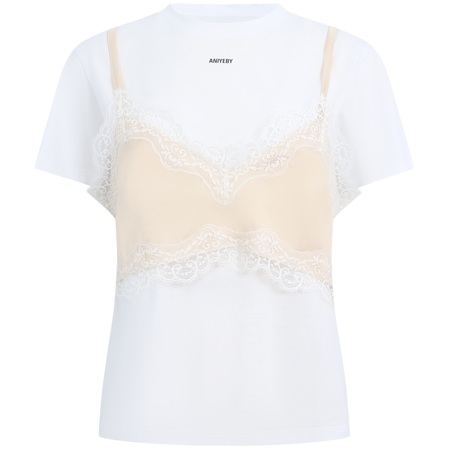 T-shirt bianca con top in raso beige per donna