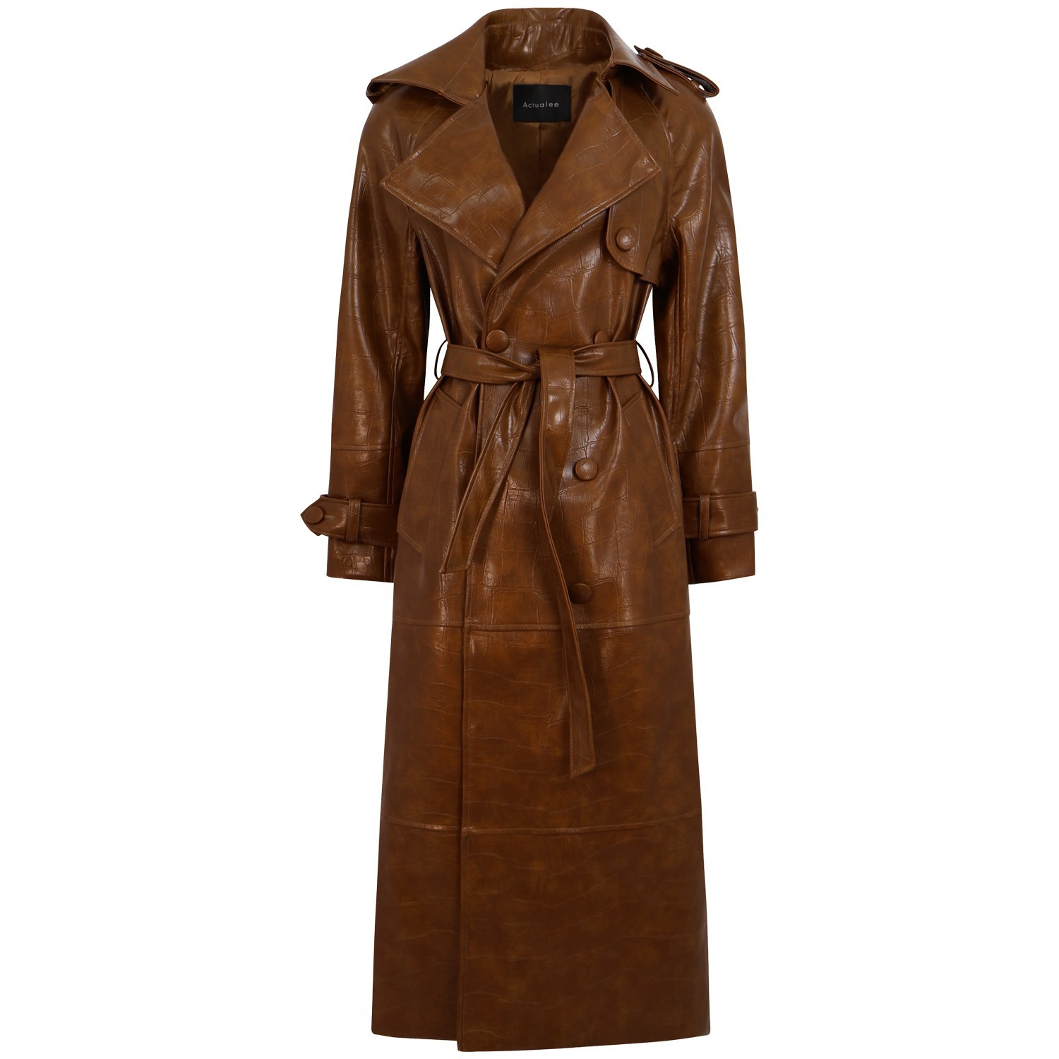 Trench lungo in pelle marrone per donna