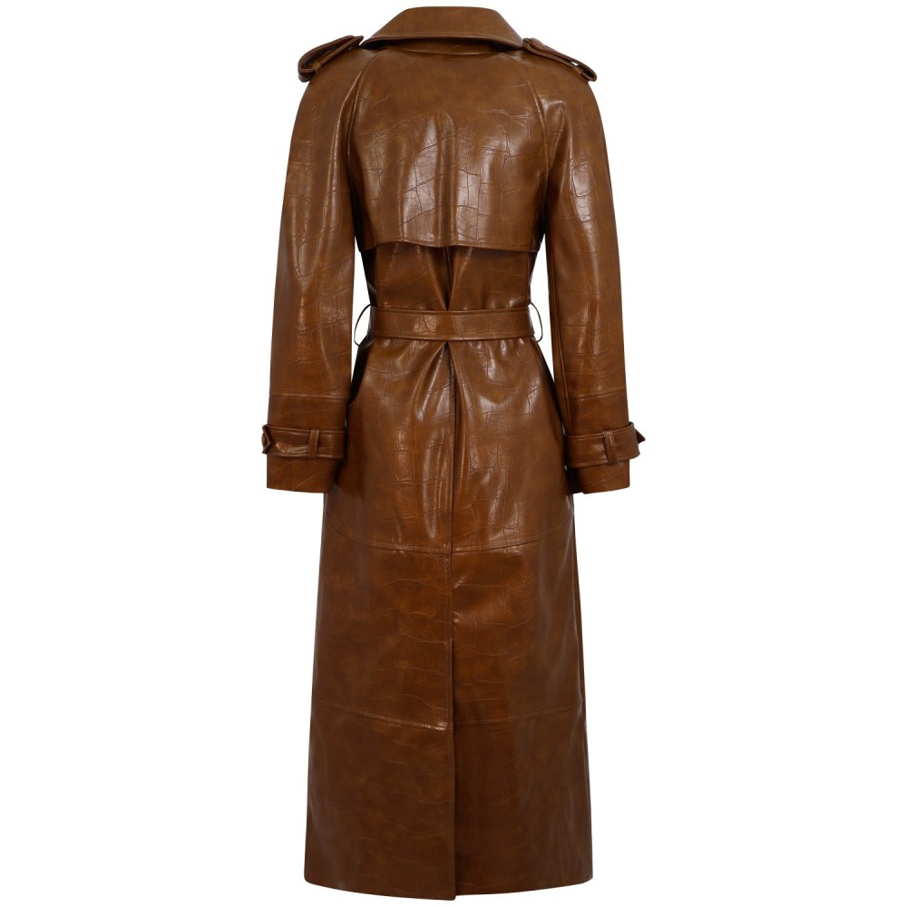 Trench lungo in pelle marrone per donna