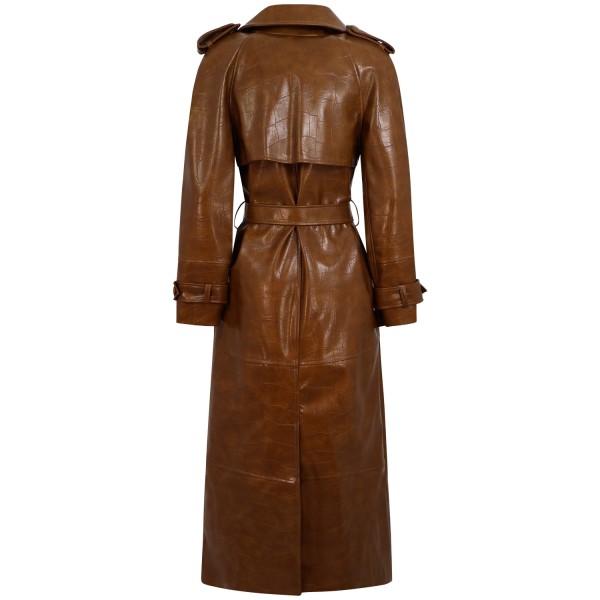 Trench lungo in pelle marrone per donna