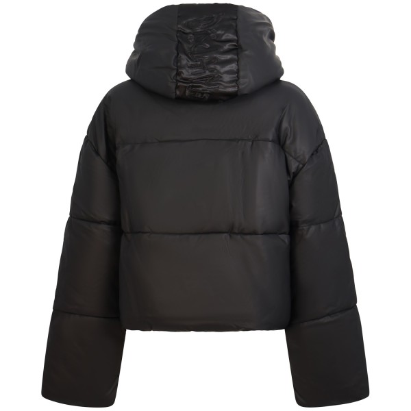 Giubbotto nero simil pelle con logo per donna
